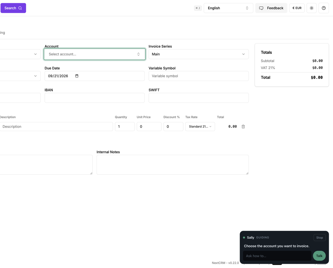 On the NextCRM New Invoice form, Sally highlights the Account field: “Choose the account you want to invoice.”